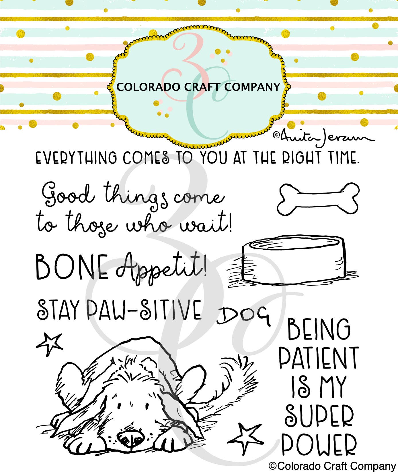 Colorado Craft Company - AJ810 Anita Jeram~Stay Pawsitive 4 x 4 Clear Stamps