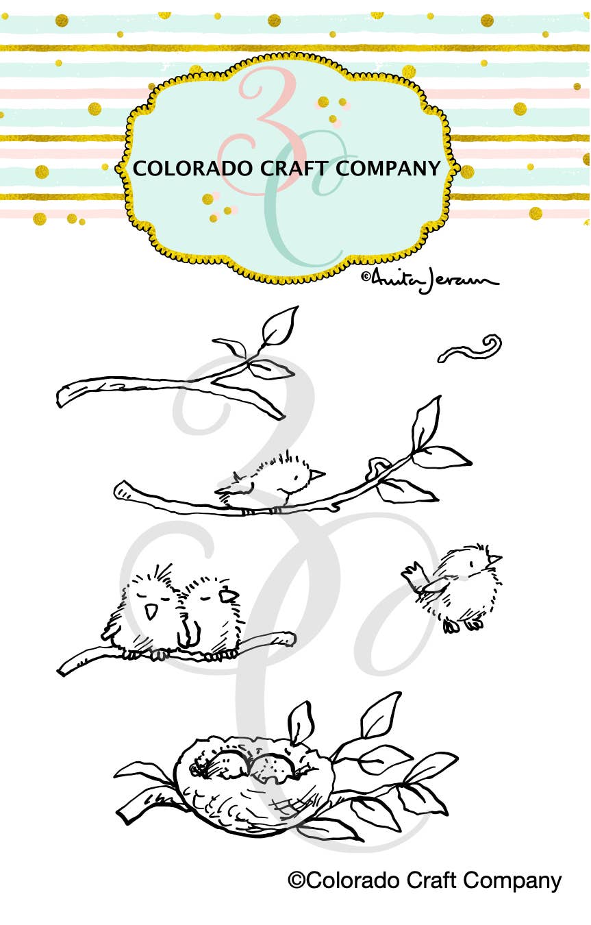 Colorado Craft Company - AJ818 Anita Jeram~ Tiny Birds Worm 4 x 4 Clear Stamps