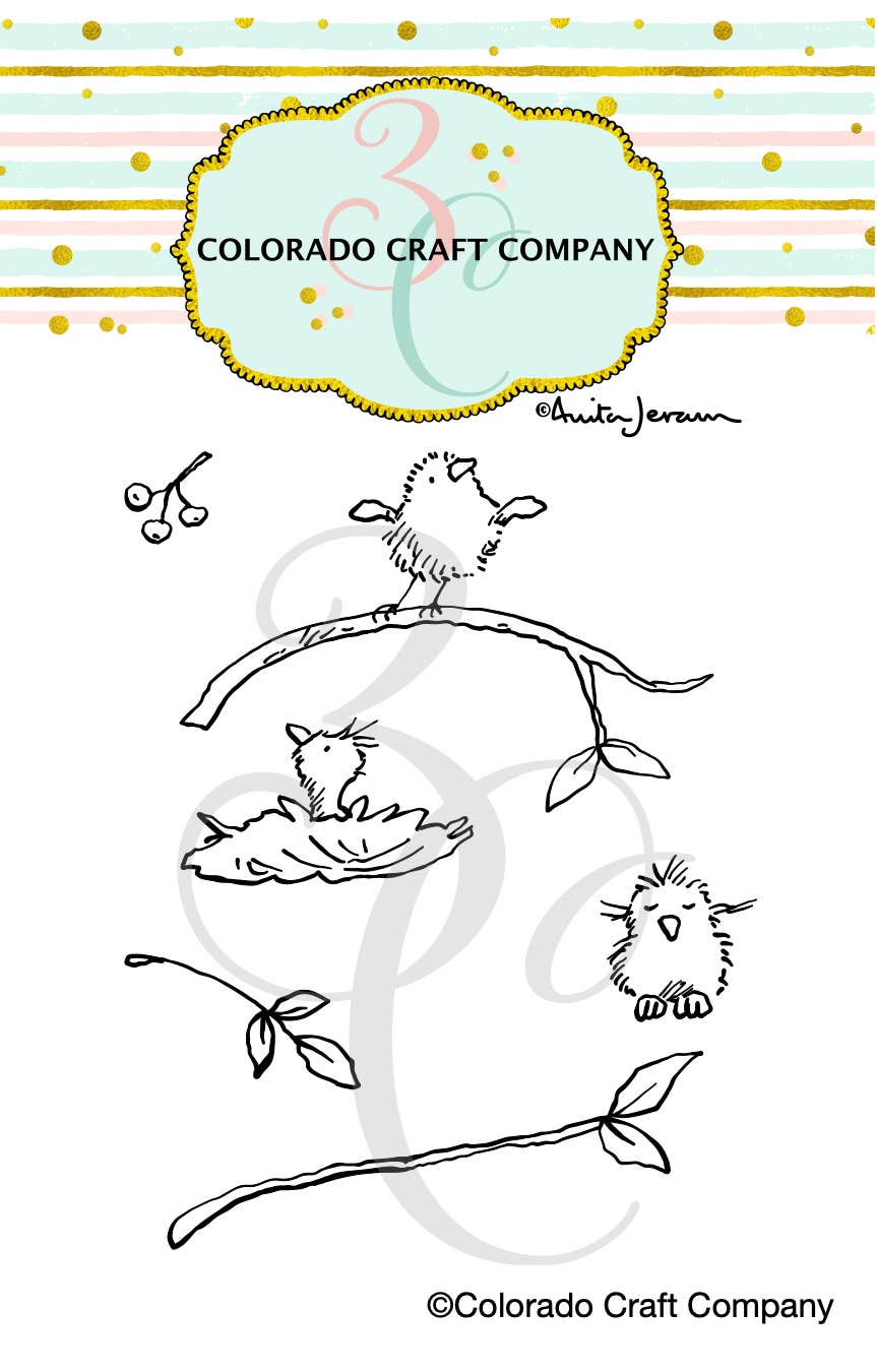 Colorado Craft Company - AJ820 Anita Jeram~Tiny Birds Berries 4 x 4 Clear Stamps