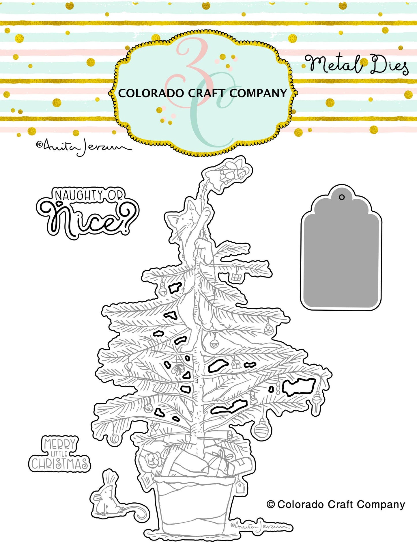 Colorado Craft Company - AJ390-D Anita Jeram~Christmas Tree Cat-Dies